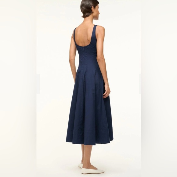 NEW STAUD Wells Stretch Cotton Sleeveless Midi Dress Navy | US 2 UK 6 - Picture 3 of 14